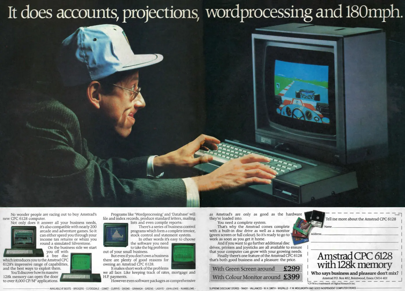 Amstrad Advert: It does accounts, projections, wordprocessing and 180mph, from Your Computer, September 1985