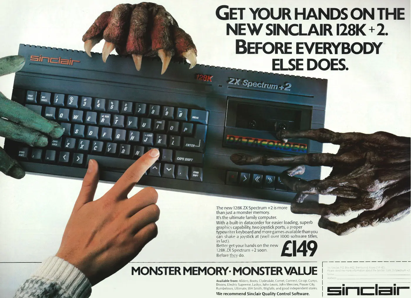 Sinclair Advert: Get your hands on the new Sinclair 128K +2. Before everybody else does, from Your Computer, June 1987