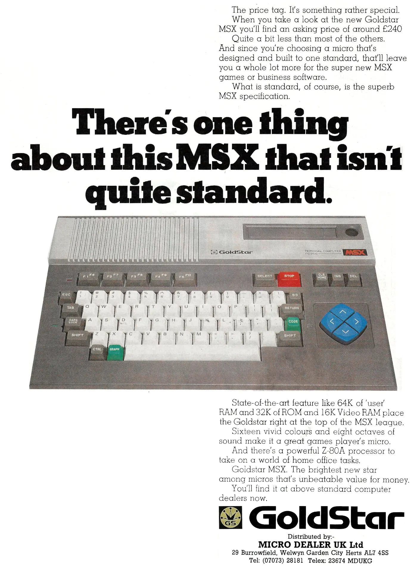 Goldstar Advert: There's one thing about this MSX that isn't quite standard - the price tag, from Your Computer, December 1984