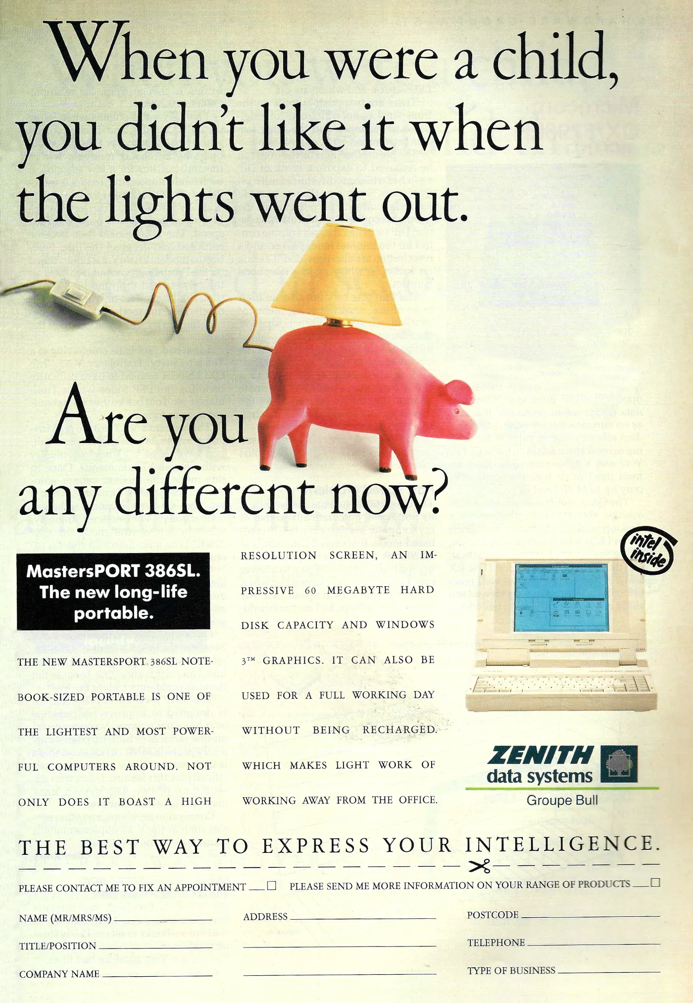 Zenith Data Systems Advert: When you were a child, you didn't like it when the light went out. Are you any different now?, from Personal Computer World, December 1991