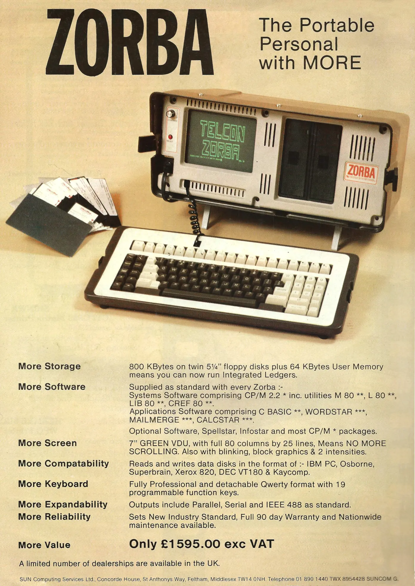 Telcon/Zorba Advert: Zorba: The portable personal with more, from Practical Computing, October 1983