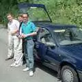 Andy, John and Chris by the car, Uni: An End-of-it-all Trip to Land's End, Cornwall - 13th June 1989