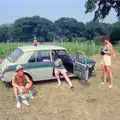 Nosher, Hamish and Angela and Phil's car, Back From Uni: Summer Pruning, Bransgore, Dorset - 25th July 1989