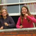 A couple of girls dance along from their window, Save Hartismere: a Hospital Closure Protest, Eye, Suffolk - 17th September 2005