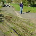 Dan stands where the tracks cross a path, Disused Cambridge Railway, Milton Road, Cambridge - 28th October 2005