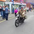 Wartime motorbikes cruise through town, Paul Bear's Adventures at a 1940s Steam Weekend, Holt, Norfolk - 22nd September 2013