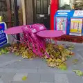 A pile of leaves around pink café furniture, SwiftKey's Arcade Cabinet, and the Streets of Southwark, London - 5th December 2013