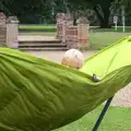 Harry peeps over the top of a hammock, A visit from Da Gorls, Brome, Suffolk - 27th June 2015