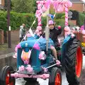 Rachel does a power salute, The Pink Ladies Tractor Run, Harleston and Gawdy Park, Norfolk - 5th July 2015