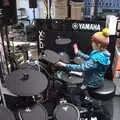 Harry enjoys a go of the drums in PMT Music, A Spot of Christmas Shopping, Norwich, Norfolk - 16th December 2018