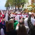 Capirotes and statues head past the Balcón, An Easter Parade, Nerja, Andalusia, Spain - 21st April 2019