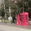 A pair of K6 phone boxes outside the church, A Vaccine Postcard from Harleston, Norfolk - 22nd March 2021