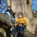 The boys eat crisps in the massive tree, A Visit to Blickling Hall, Aylsham, Norfolk - 9th January 2022