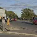 Isobel and Harry stand on a traffic island, A Giant Load on the A140, Yaxley, Suffolk - 22nd October 2023