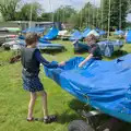 Harry and his friend Christopher scoop water out, Sailing at the Lake, and the GSB at Mellis, Suffolk - 6th June 2024