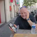 Hamish shows off something on his phone, Olympic Non-Sailing, Notre Dame, and the Journey Home, Marseille, France - 8th August 2024