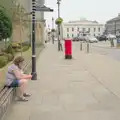 Sis checks her phone on Angel Hill, A Trip to Ickworth House with Sis, Horringer - 19th August 2024