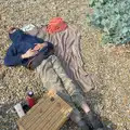 Harry flakes out with his hoodie up, A Protest on the Beach, Aldeburgh, Suffolk - 1st September 2024