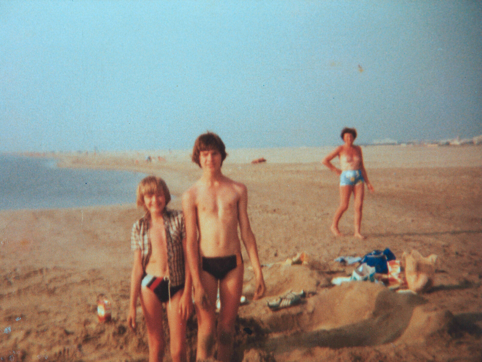 Nosher and Sean in a hole on the beach from Camping with Sean, The Camargue, South of France, 15th July 1982