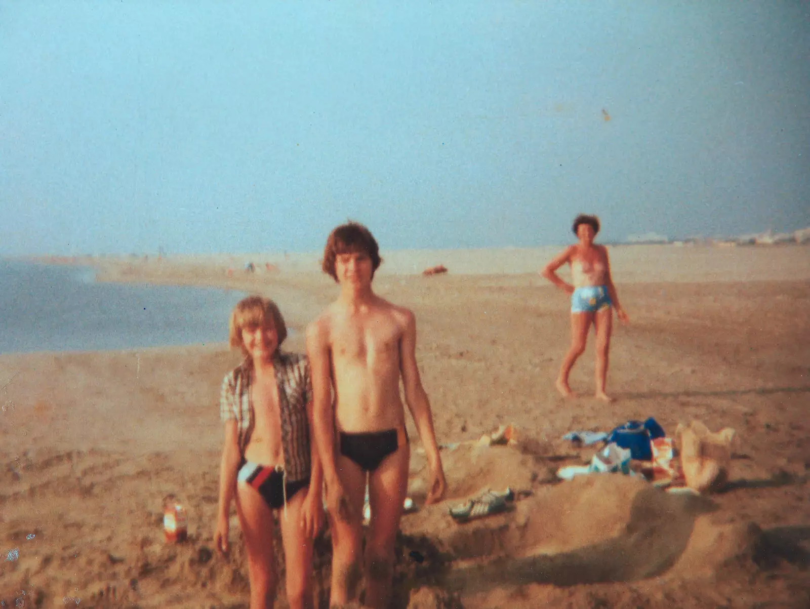 Nosher and Sean in a hole on the beach, from Camping with Sean, The Camargue, South of France, 15th July 1982