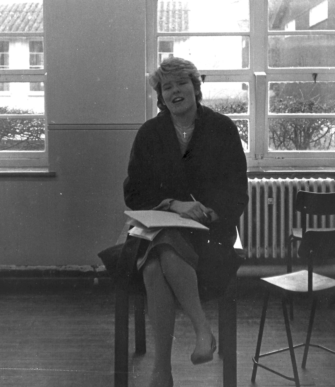 Jo funnel thinks of what to write from Learning Black-and-White Photography, Brockenhurst College, Hampshire - 10th March 1985