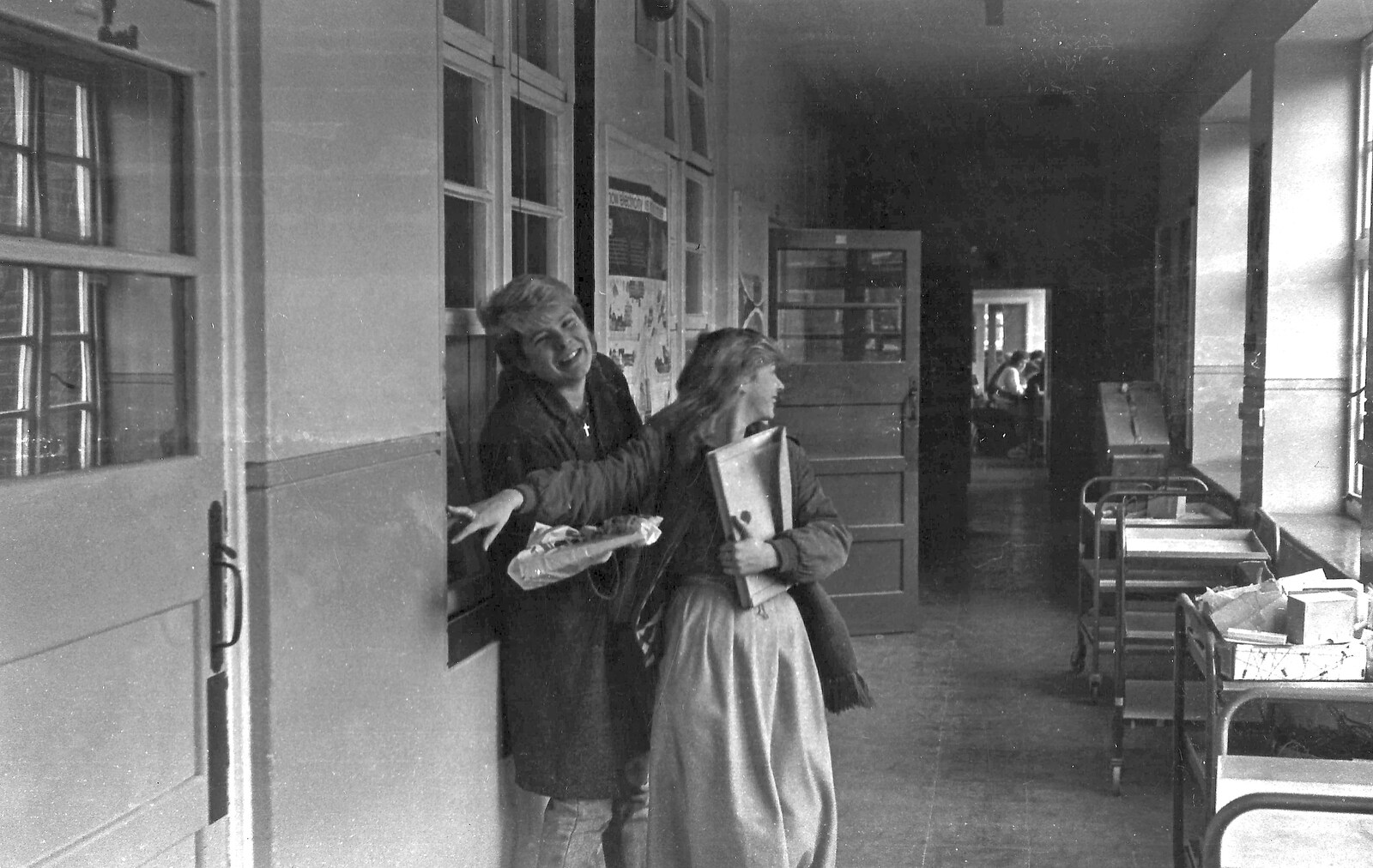 Jo Funnel and a friend outside the physics classroom from Learning Black-and-White Photography, Brockenhurst College, Hampshire - 10th March 1985
