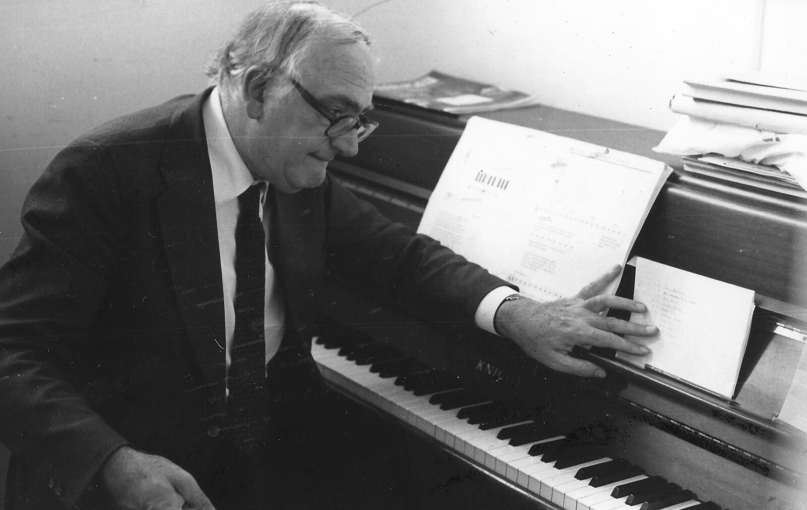 Nosher's sometime piano teacher, in the music portakabins from Learning Black-and-White Photography, Brockenhurst College, Hampshire - 10th March 1985