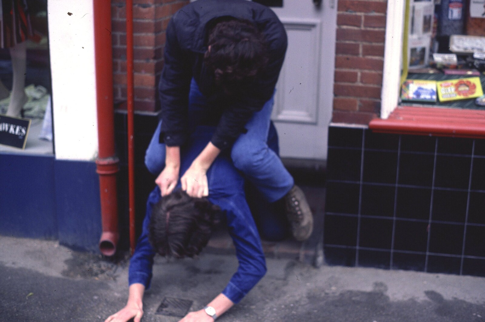 On a street somewhere, some sort of leap-frog occurs from Nosher's 18th pre-Birthday and College Miscellany, Sway and Brockenhurst - 22nd May 1985