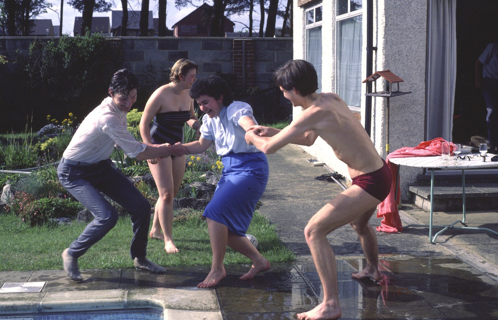 Liz is about to be thrown into her swimming pool from Nosher's 18th pre-Birthday and College Miscellany, Sway and Brockenhurst - 22nd May 1985