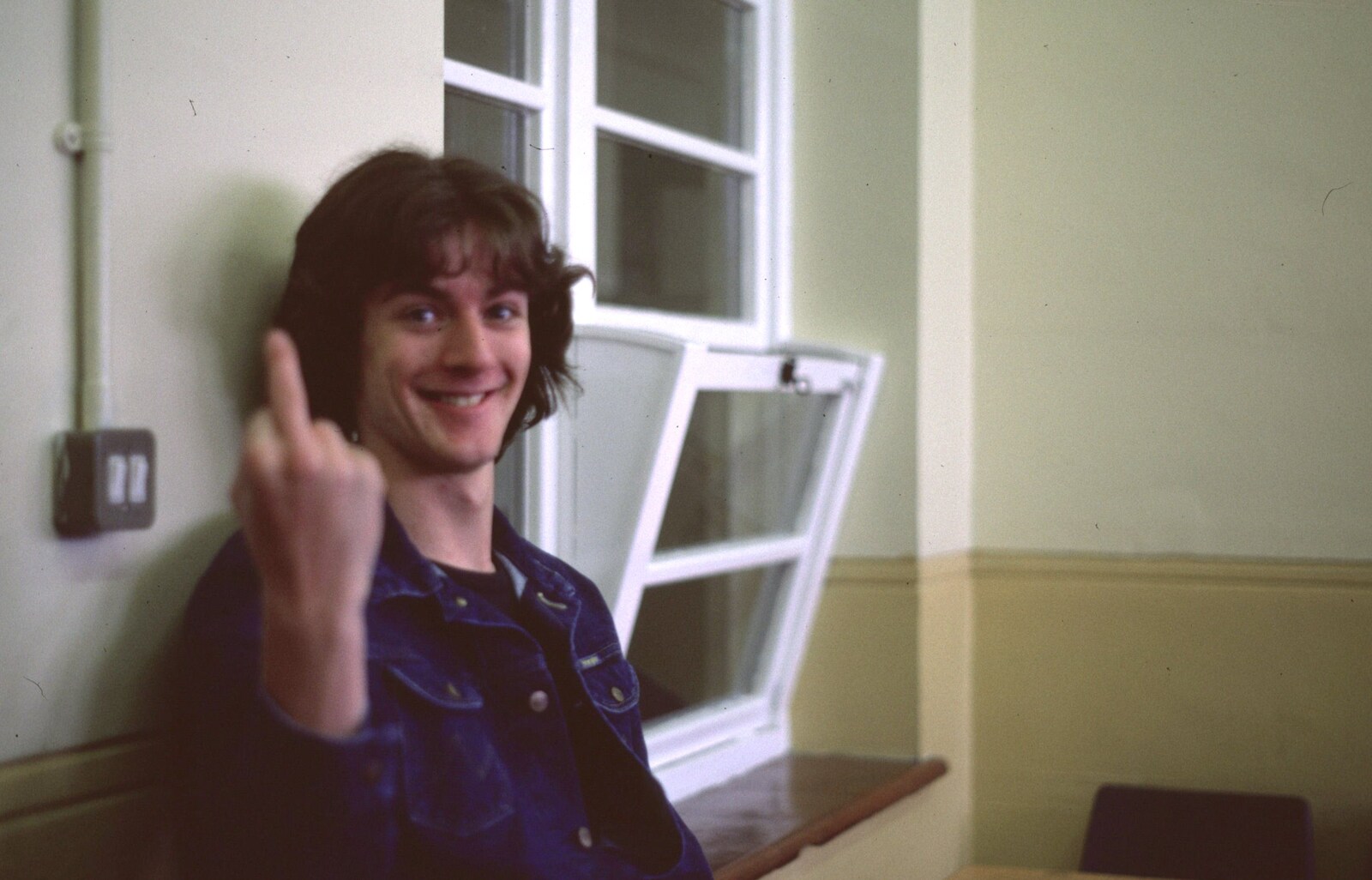 Keith Frost gives the finger from Nosher's 18th pre-Birthday and College Miscellany, Sway and Brockenhurst - 22nd May 1985