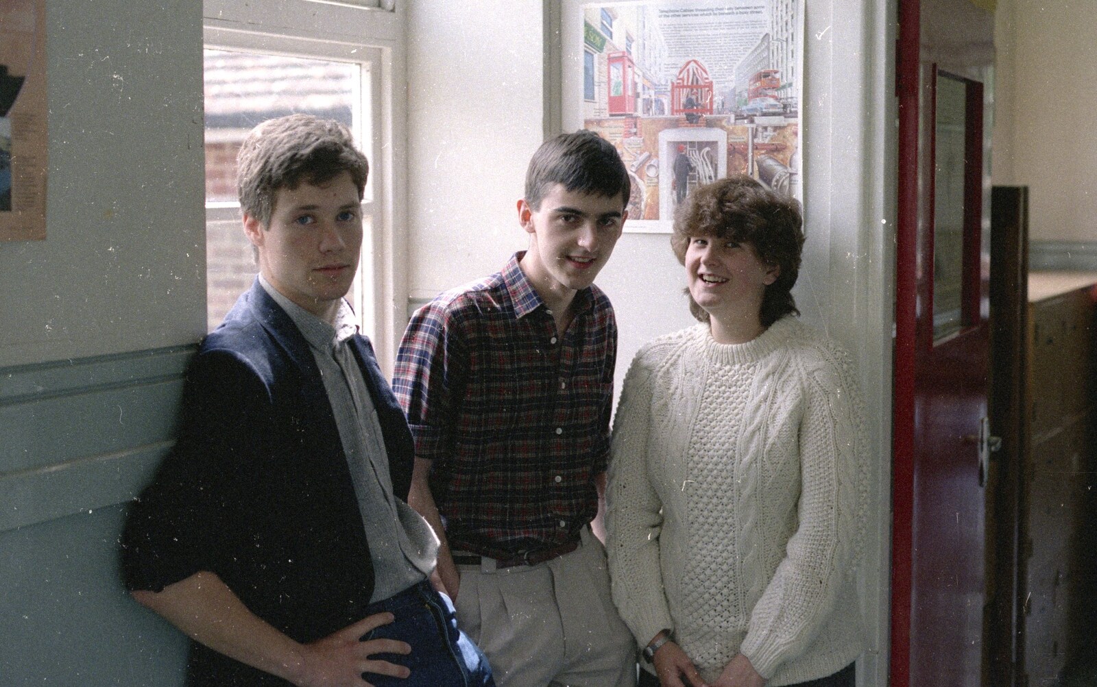 Tim, Robert and Lise outside our Physics classroom from Brockenhurst College Exams and Miscellany, Barton on Sea, Hampshire - 10th June 1985