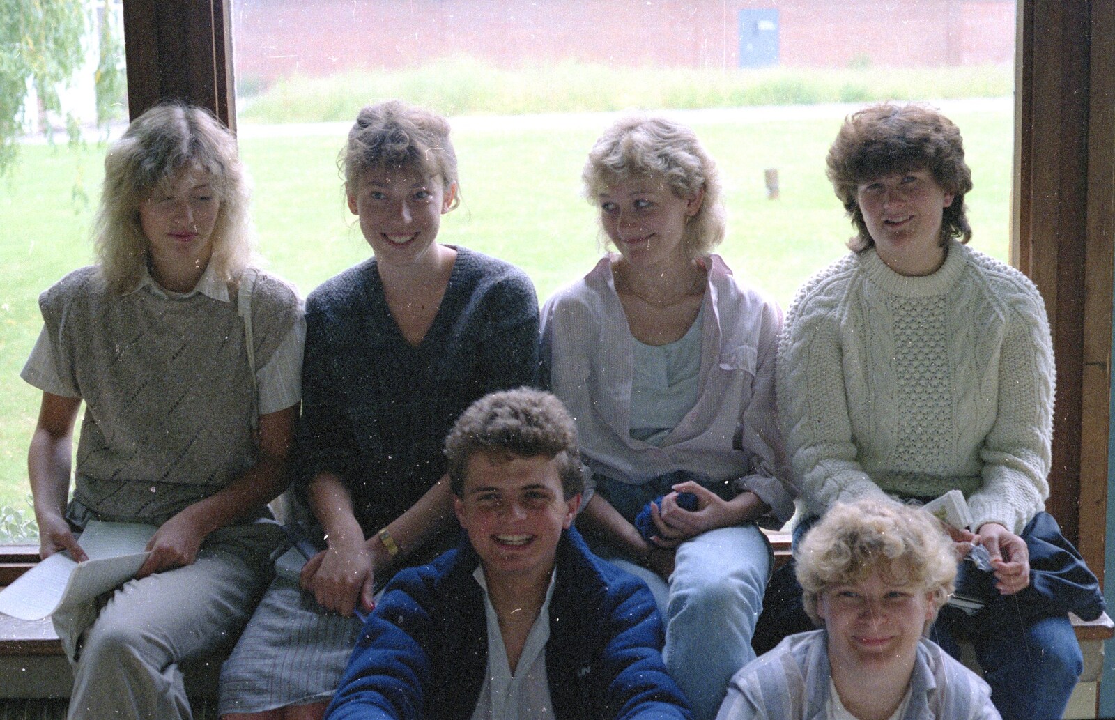 Anne, Paula, Ray, Sue, Anna and Lise  from Brockenhurst College Exams and Miscellany, Barton on Sea, Hampshire - 10th June 1985