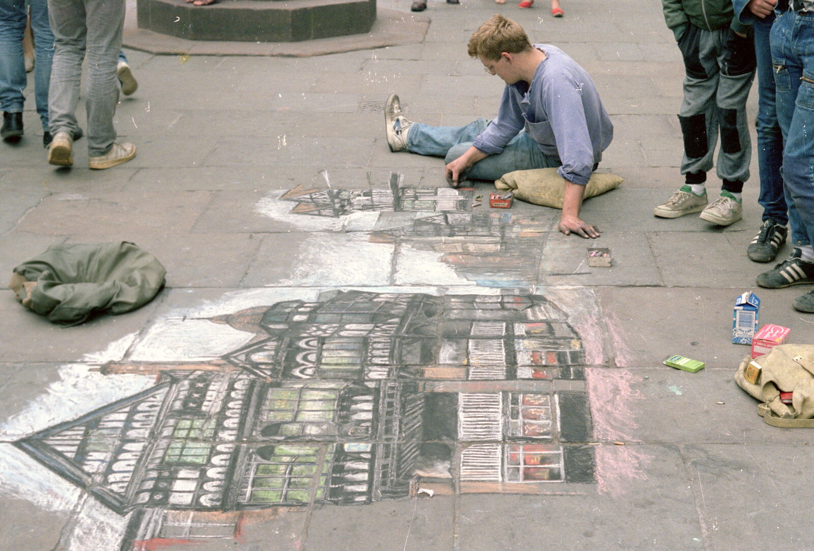 Some dude does some pavement pastel art in Chester from Nosher Goes Windsurfing, Macclesfield, Cheshire - 20th June 1985