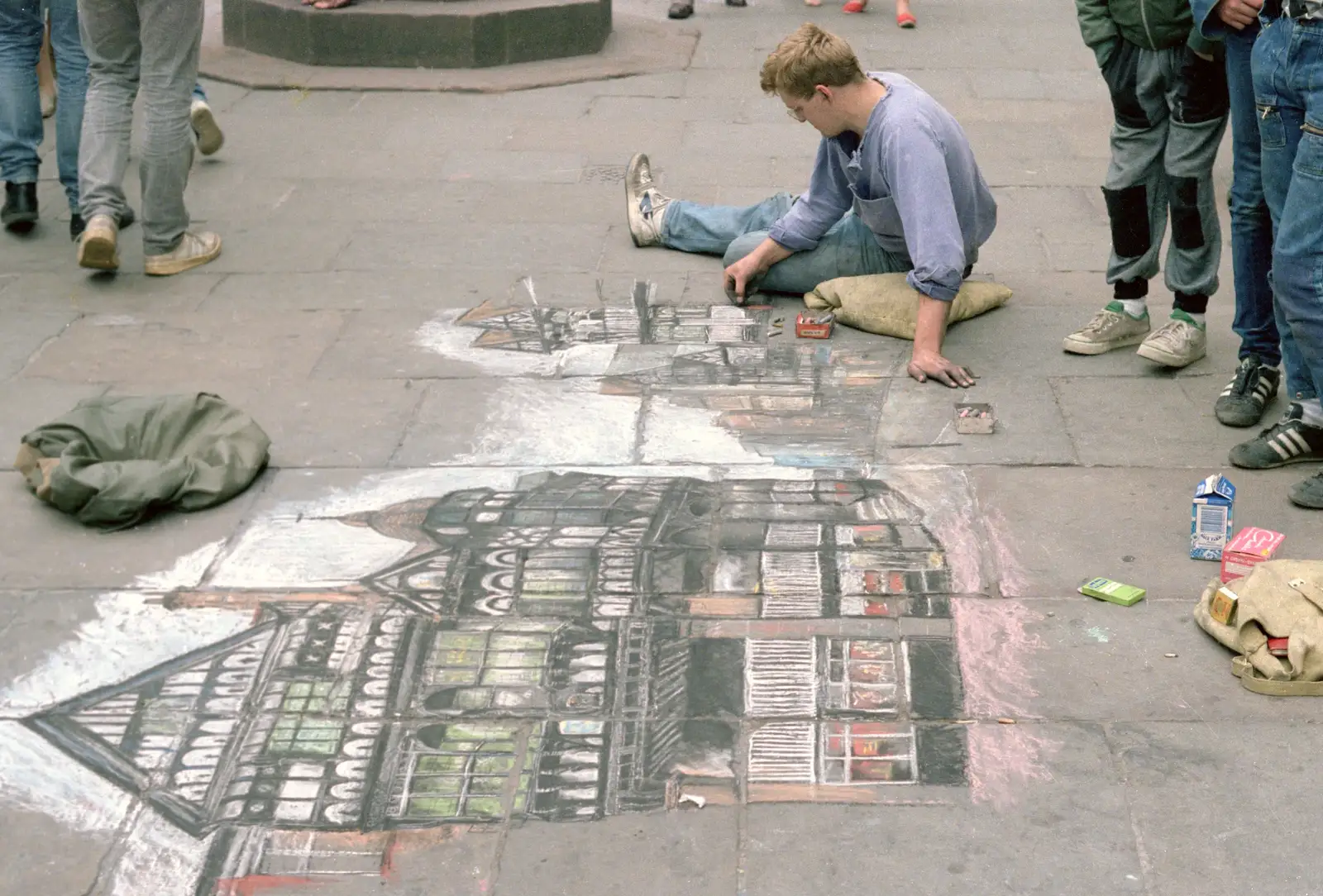 Some dude does some pavement pastel art in Chester, from Nosher Goes Windsurfing, Macclesfield, Cheshire - 12th July 1985