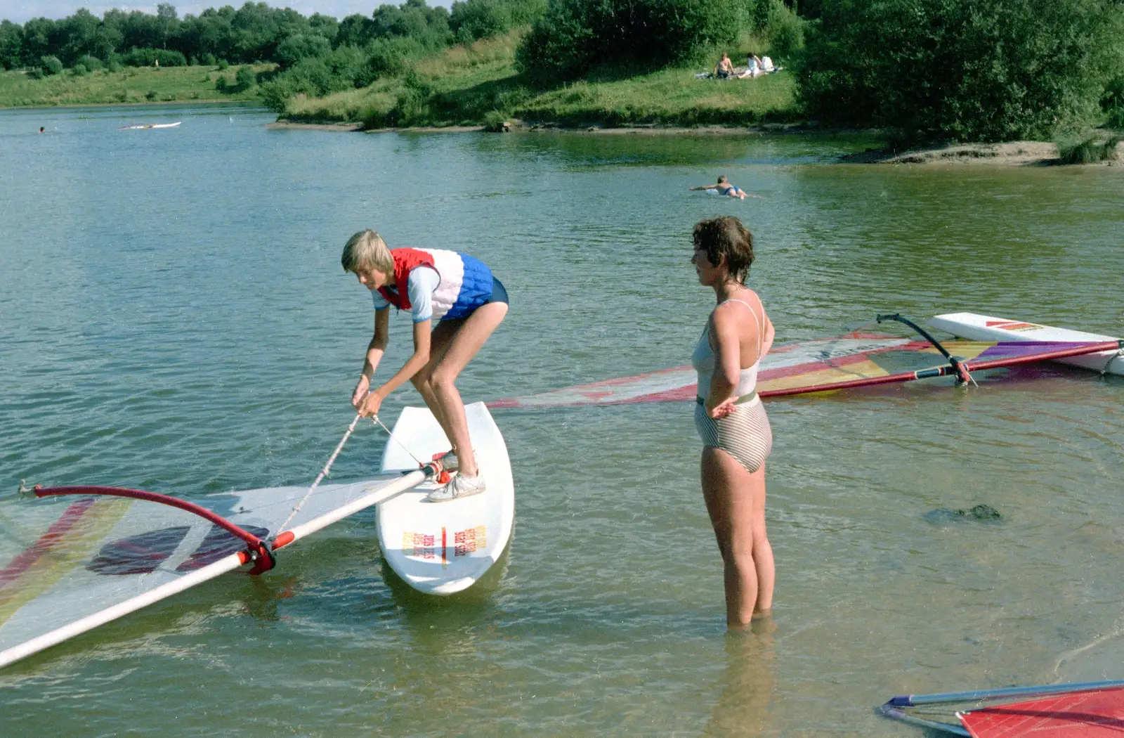 Nosher tries to haul the sail back up, from Nosher Goes Windsurfing, Macclesfield, Cheshire - 12th July 1985