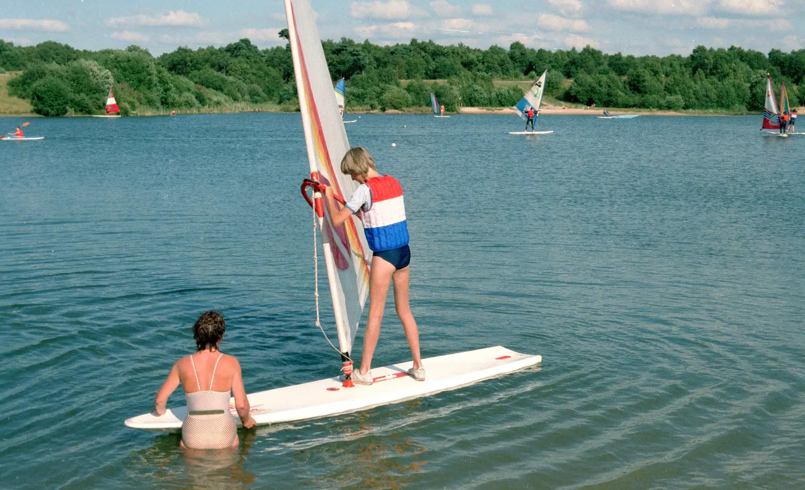 About to set off, hesitantly, from Nosher Goes Windsurfing, Macclesfield, Cheshire - 12th July 1985