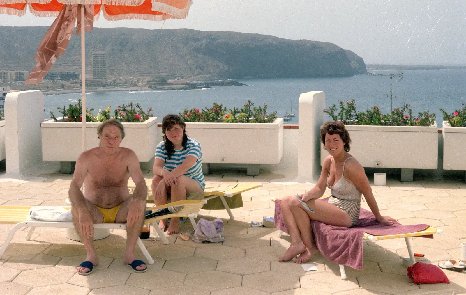 Dad, Sis and Maureen on the sun loungers, from A Holiday in Los Christianos, Tenerife - 14th July 1985
