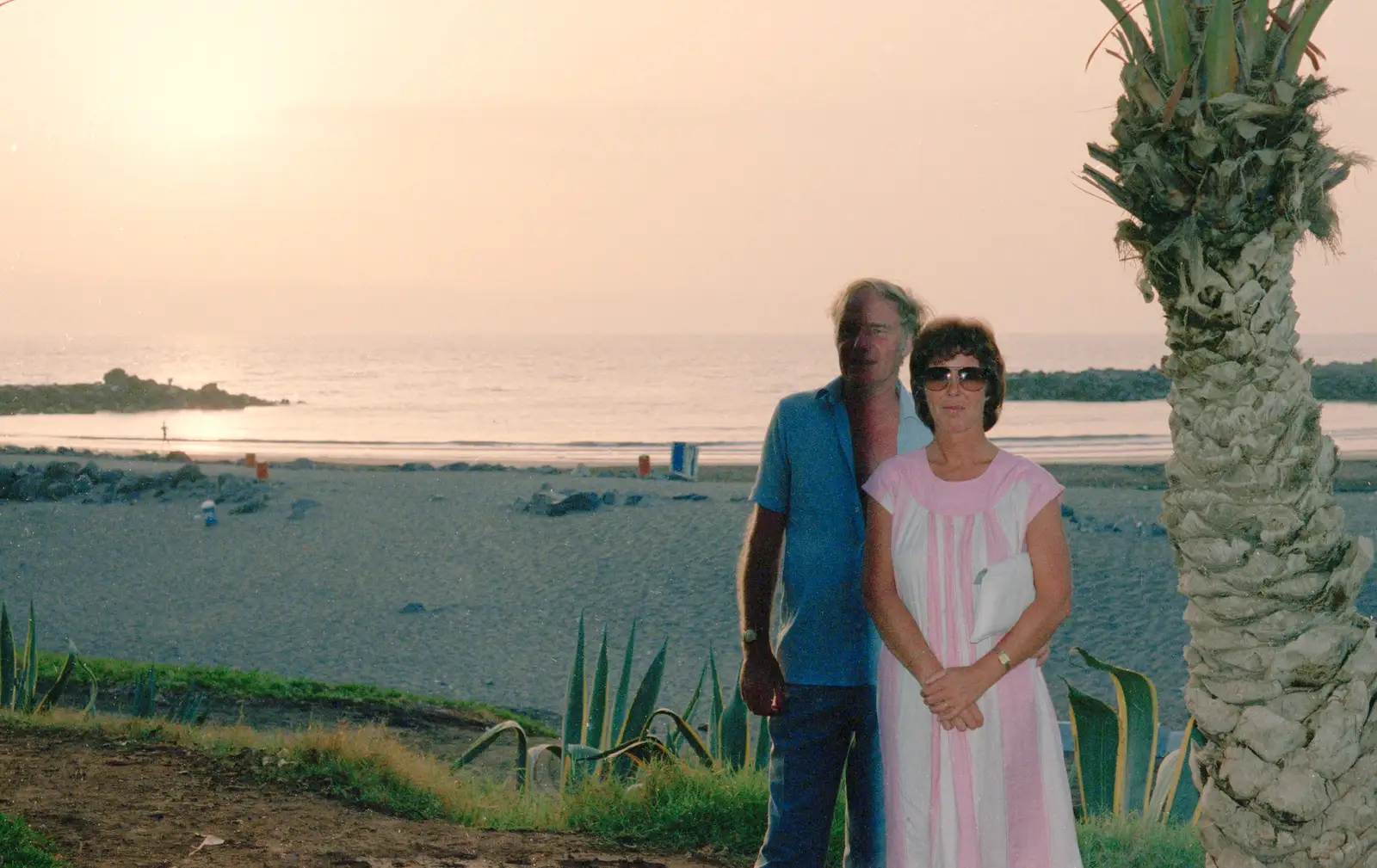 The Old Man and Maureen by a palm tree, from A Holiday in Los Christianos, Tenerife - 14th July 1985