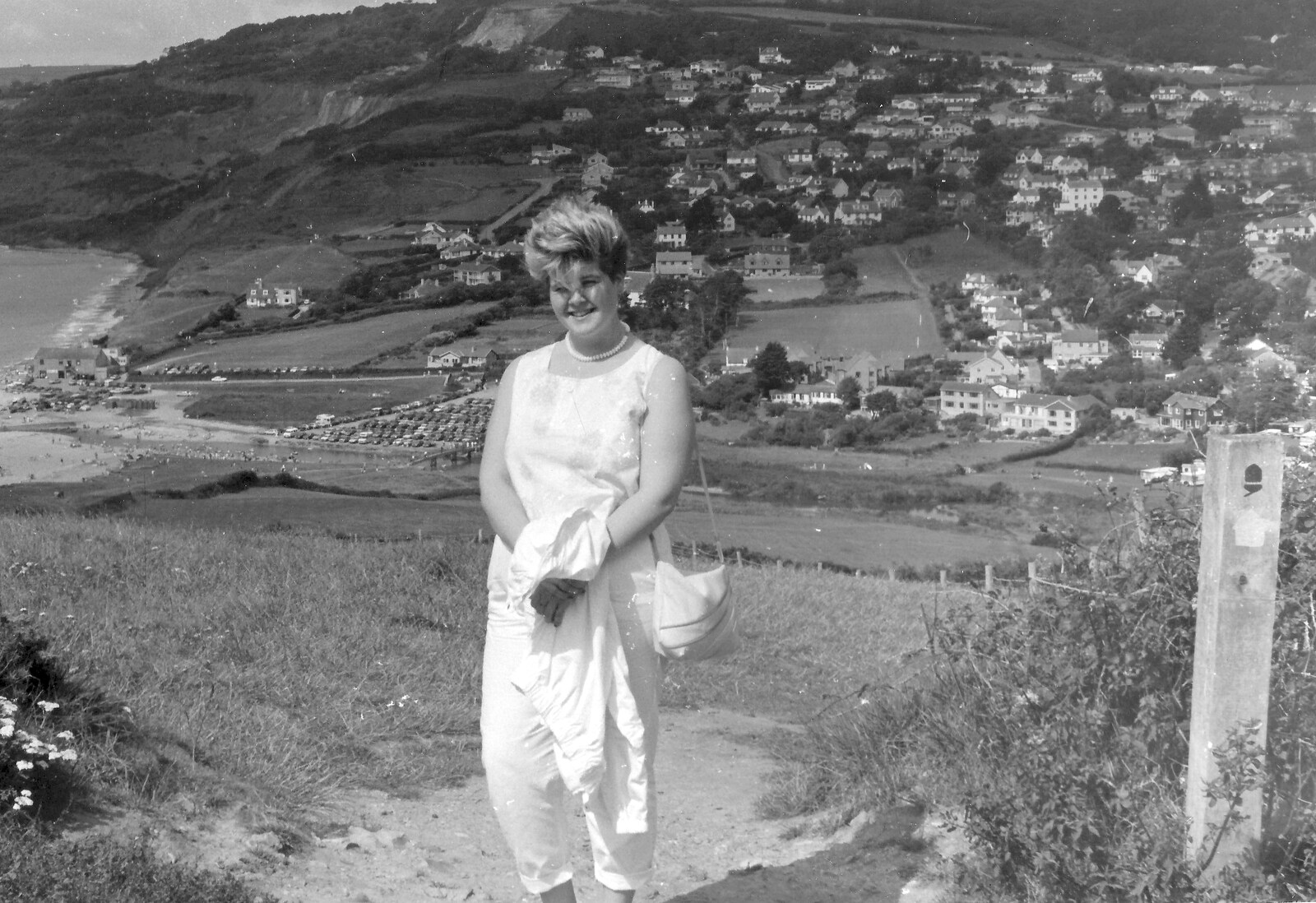 Carol, with Charmouth in the background from Phil's Birthday and Newlands Camping, Charmouth and Hordle, Dorset and Hampshire - 7th August 1985