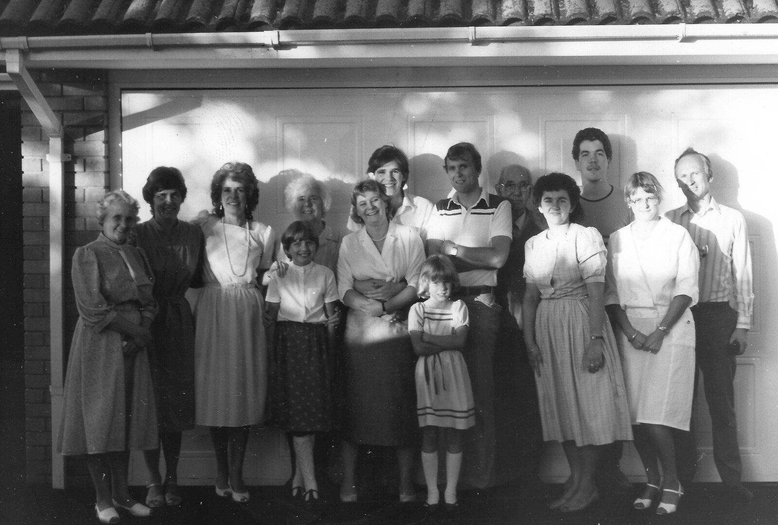 A friends-and-family group in front of the garage from Phil's Birthday and Newlands Camping, Charmouth and Hordle, Dorset and Hampshire - 7th August 1985