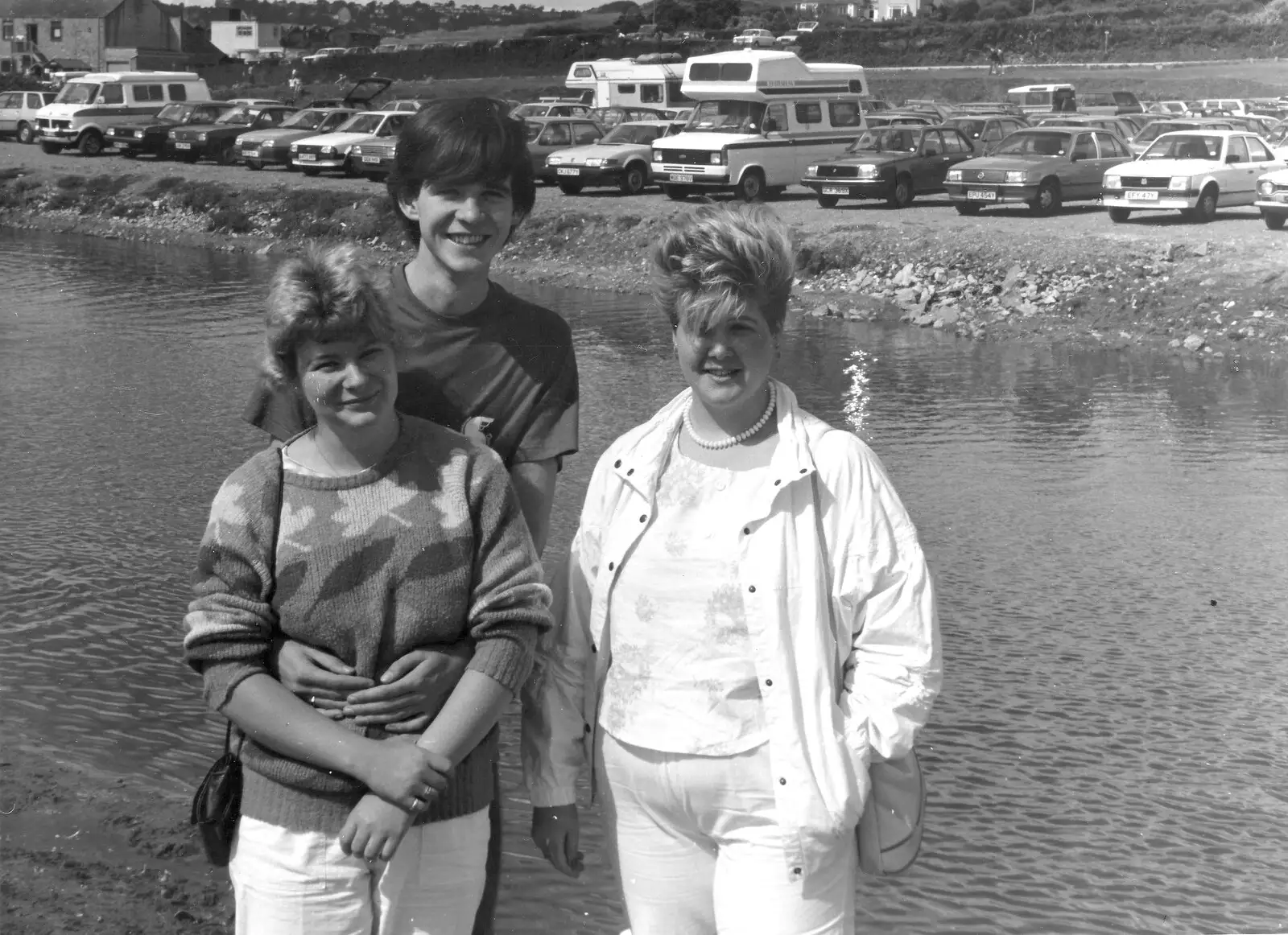 Anna, Phil and Carol by the river in Charmouth, from Phil's Birthday and Newlands Camping, Charmouth and Hordle, Dorset and Hampshire - 7th August 1985