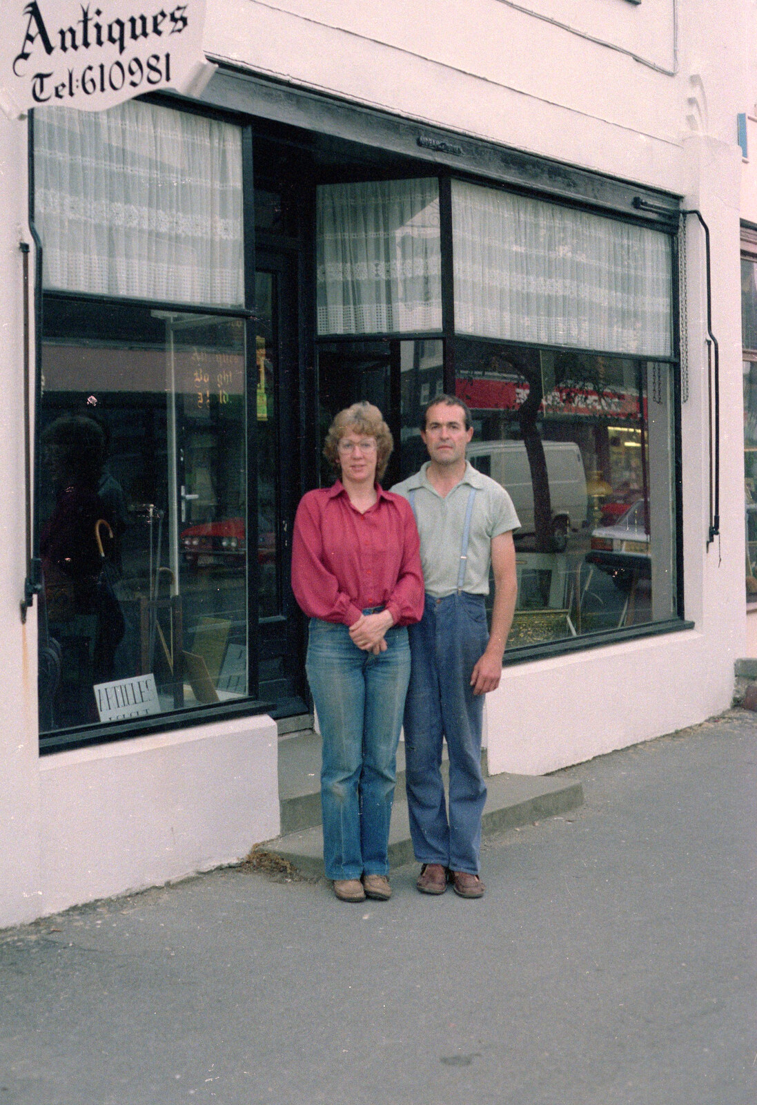 Anne and David outside their shop from The Last Day of Term, and Leaving New Milton, Hampshire - 18th September 1985