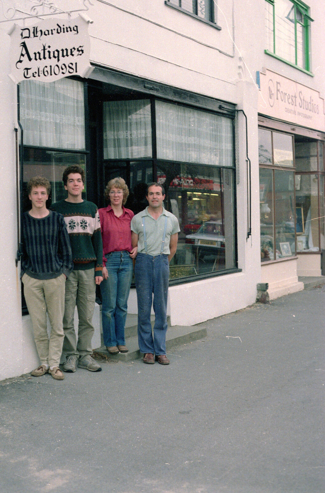 Jon and his family outside their antiques shop in New Milton from The Last Day of Term, and Leaving New Milton, Hampshire - 18th September 1985