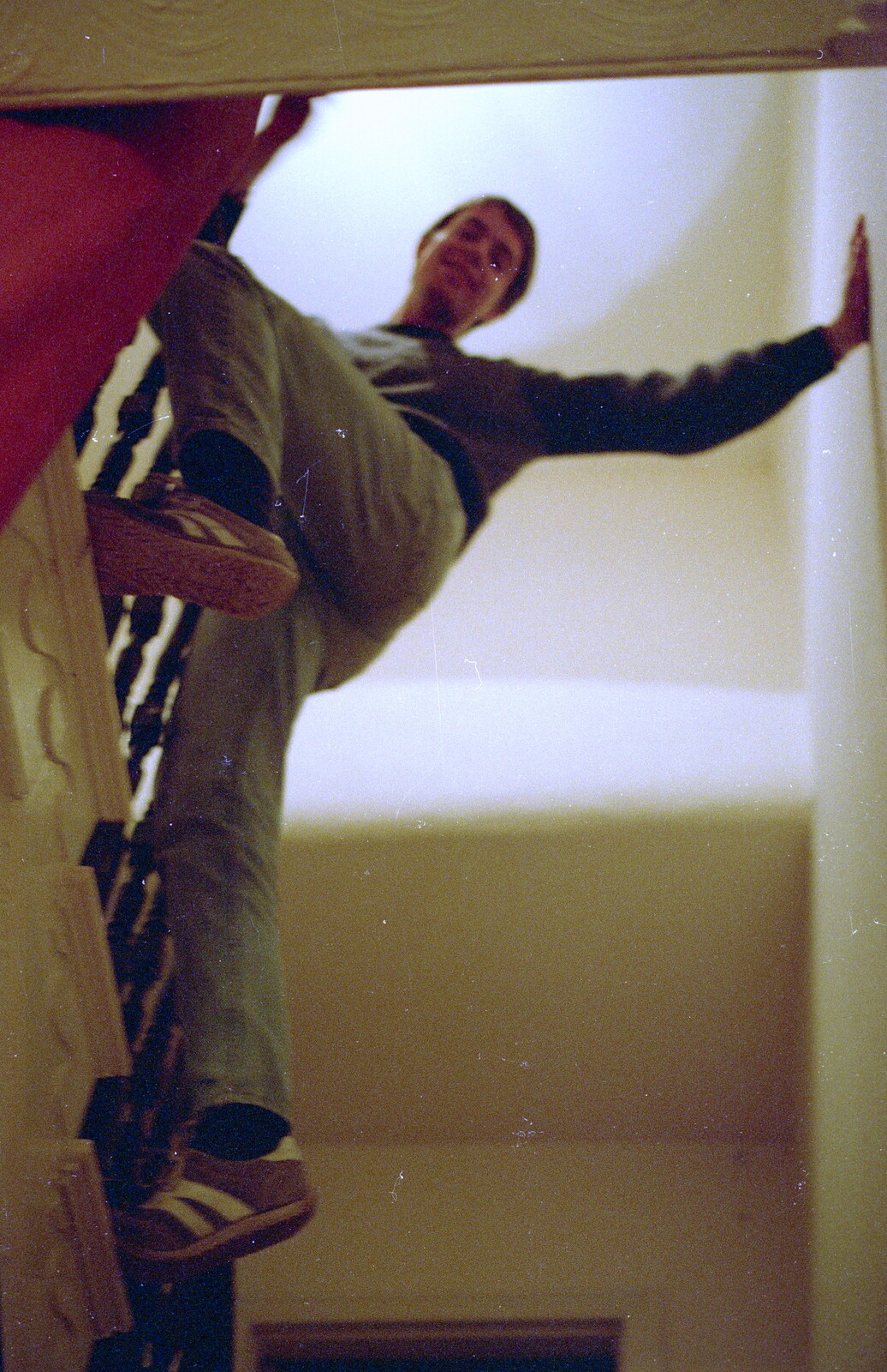 Malcolm climbs over the banisters from Uni: First Weeks At Polytechnic, Umbrellas and a Visit From Liz, Plymouth - 26th September 1985