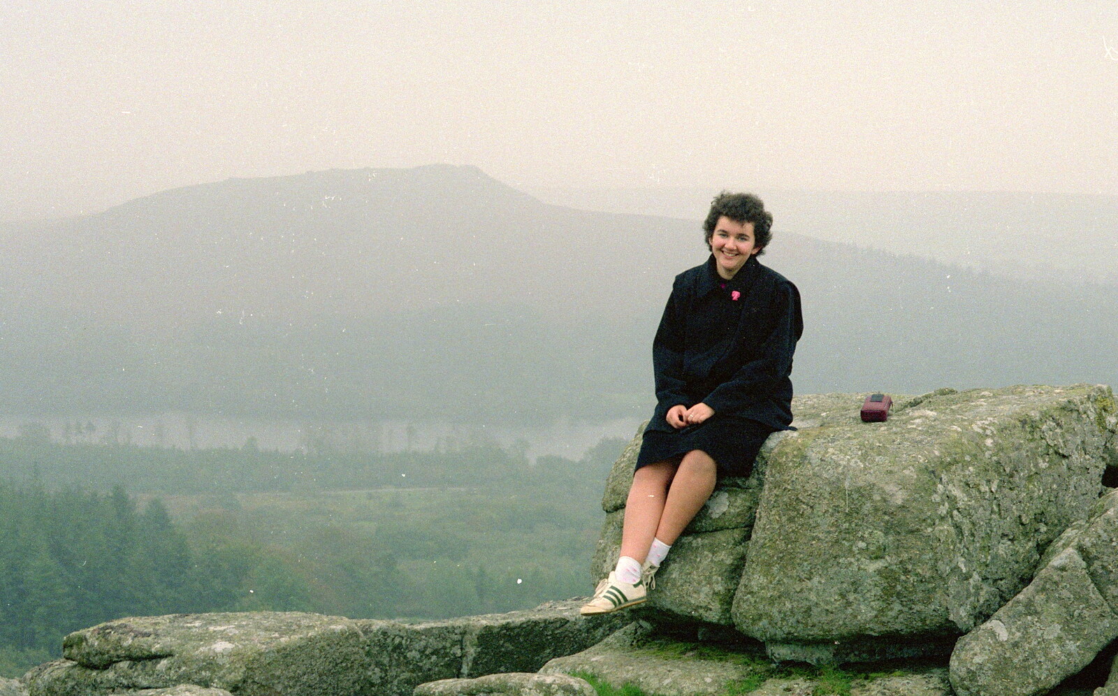 Liz perches on a tor from Uni: First Weeks At Polytechnic, Umbrellas and a Visit From Liz, Plymouth - 26th September 1985