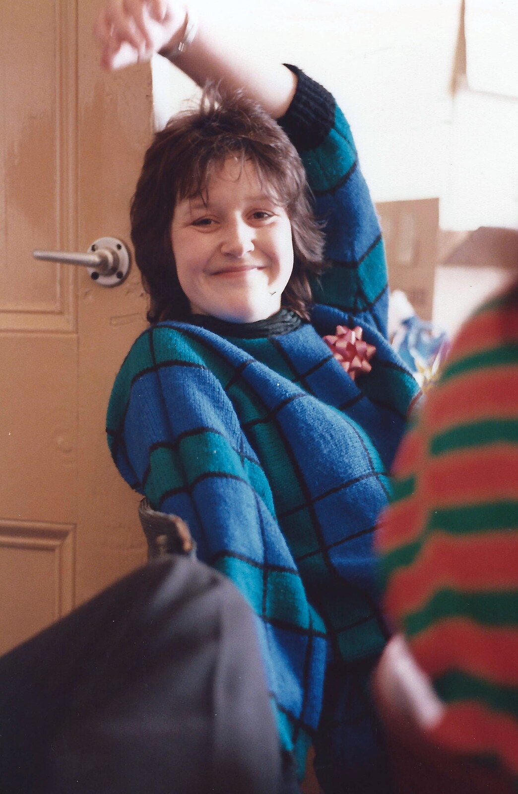 Karen is happy about something from Uni: The Fly Christmas Party and BABS Panto, Plymouth Polytechnic, Devon - December 11th 1985