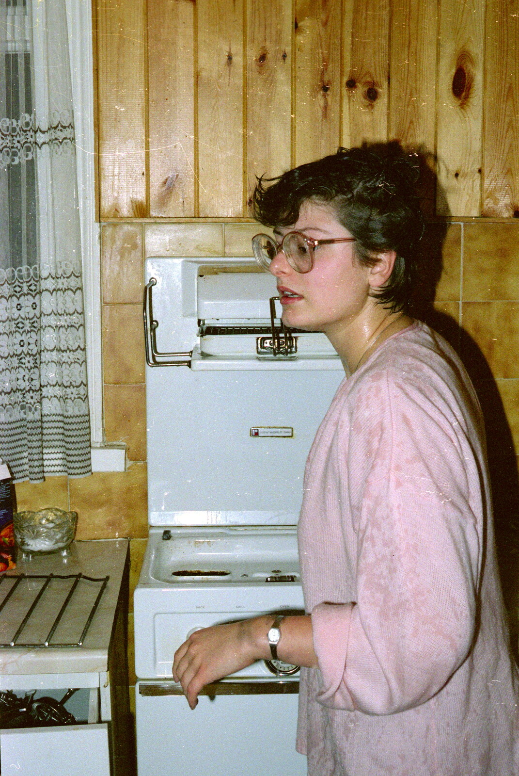 Barbara by the cooker from Uni: Beaumont Street Decorations and Water Fight, Plymouth - 14th December 1985