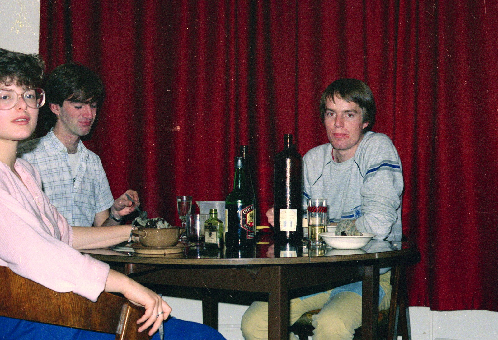 Barbara, James and Malcolm eat dinner from Uni: Beaumont Street Decorations and Water Fight, Plymouth - 14th December 1985