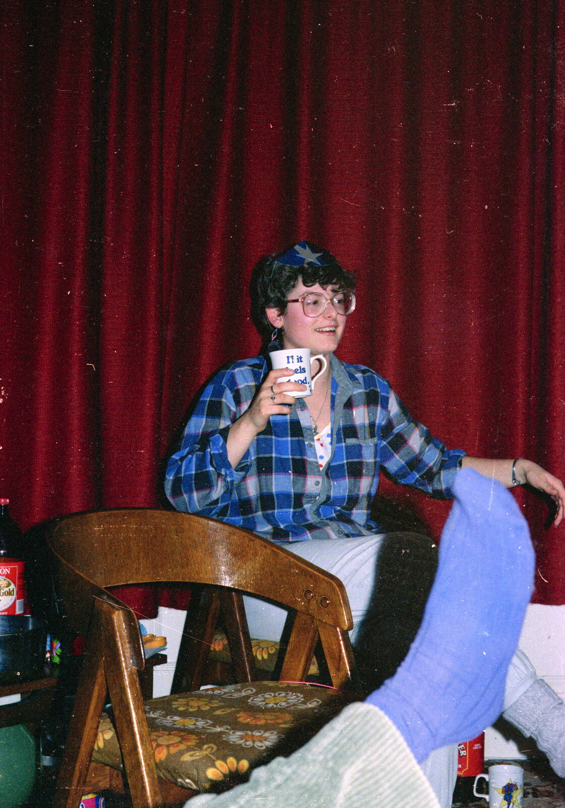 Barbara and a blue-socked foot from Uni: BABS Christmas Ball and a Beaumont Street Party, Plymouth - 16th December 1985