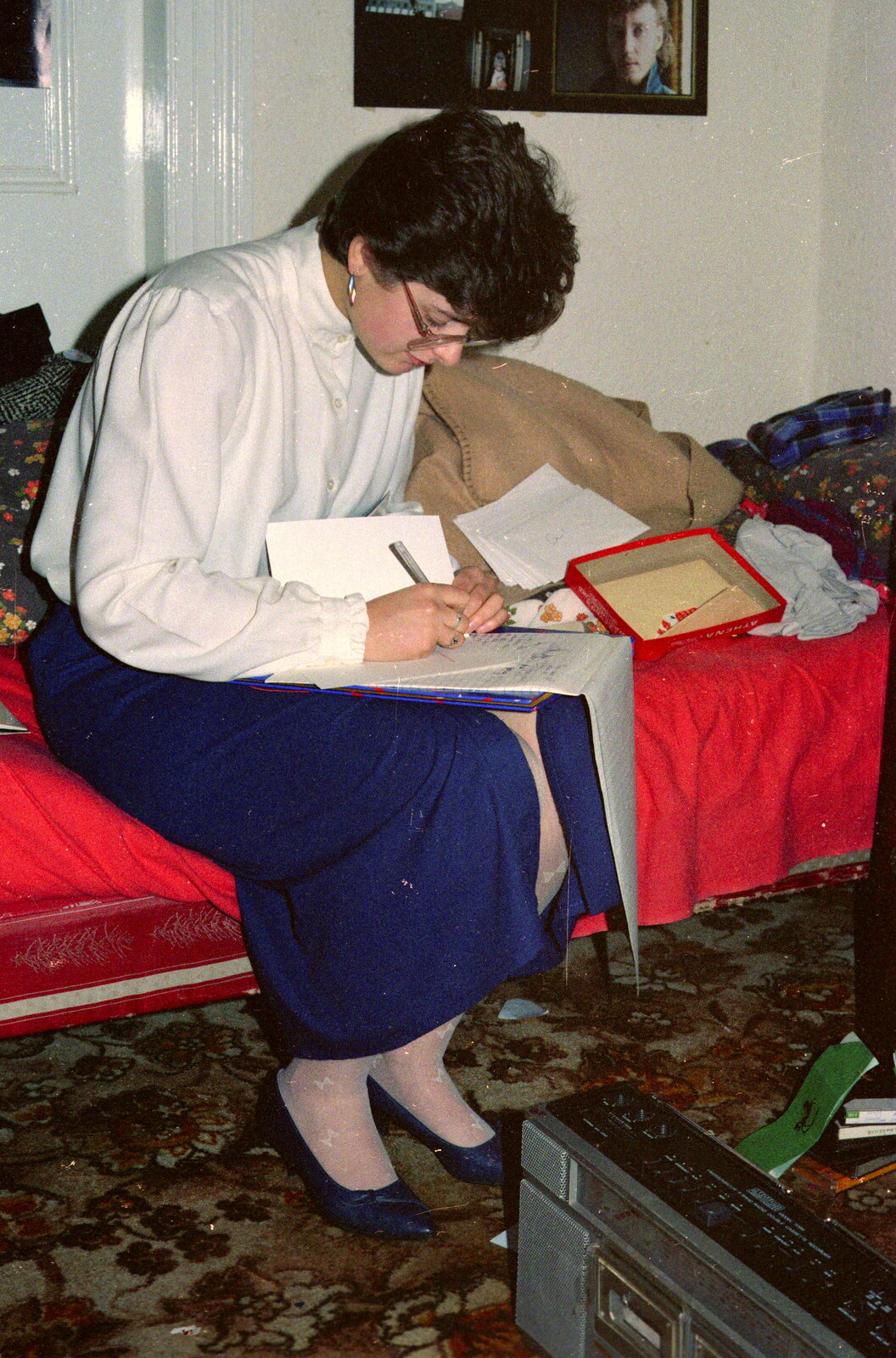 Barbara writes some Christmas cards out from Uni: BABS Christmas Ball and a Beaumont Street Party, Plymouth - 16th December 1985